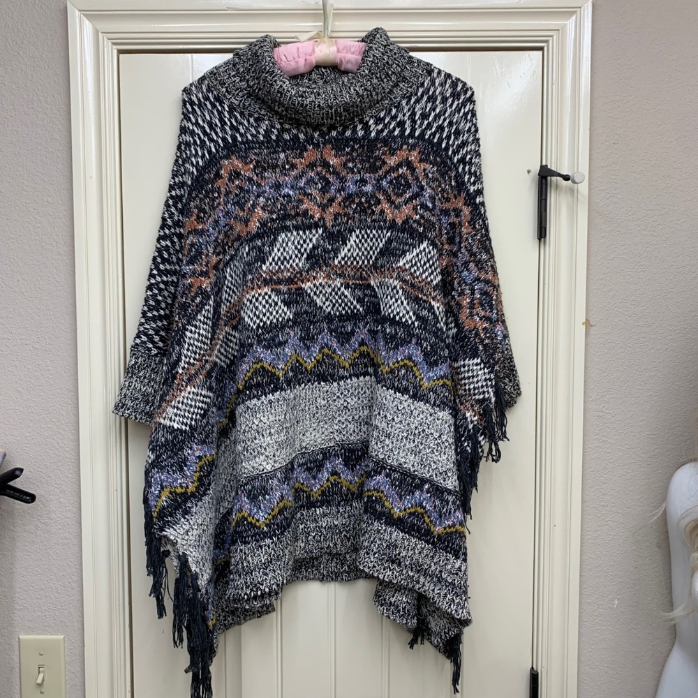 Anthropologie Pilcro Magda Knit Poncho Fair Isle Sweater XS S Cowl Neck Boho
